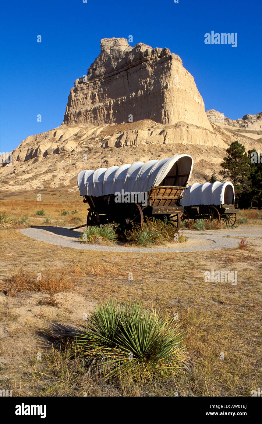 Conestoga wagons under Eagle Rock on the Oregon Trail Scotts Bluff