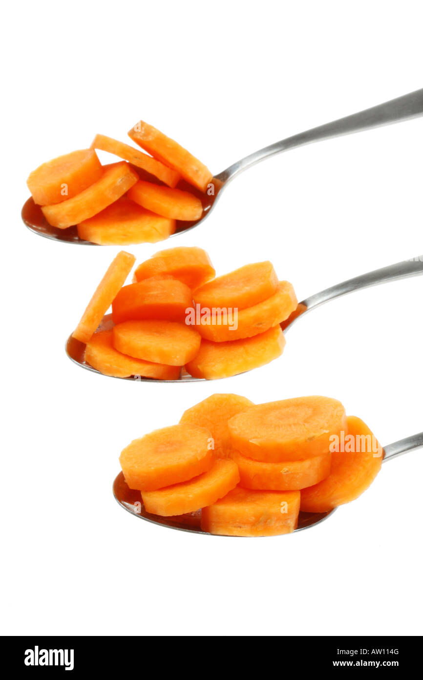 Spoonfuls Of Fresh Ripe Healthy Raw Uncooked Sliced Carrots Isolated White Background With No People And A Clipping Path Stock Photo