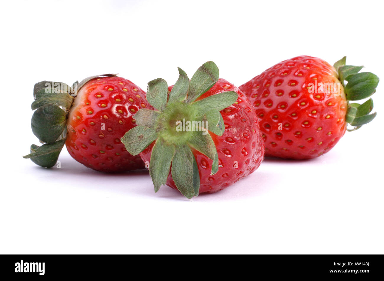 THREE STRAWBERRY STRAWBERRIES ON A WHITE BACKGROUND WITH  SHADOW Stock Photo
