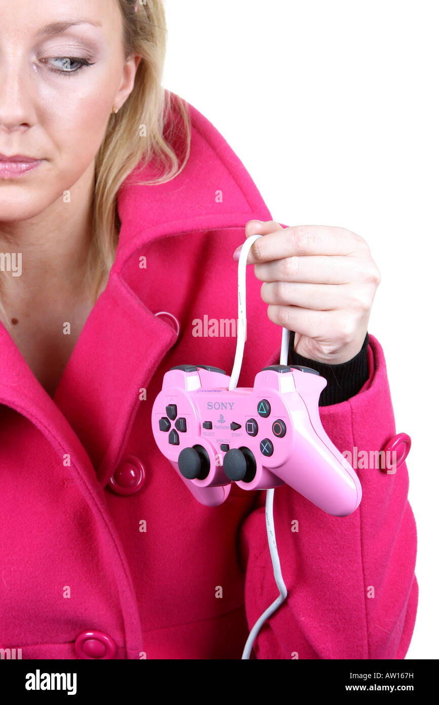 Young Woman Picking up Video Game Controller Model Released Stock Photo ...