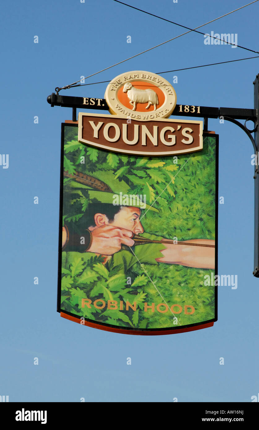 Robin Hood taking aim with bow and arrow on pub sign, Sutton, Surrey, England, Great Britain, United Kingdom Stock Photo