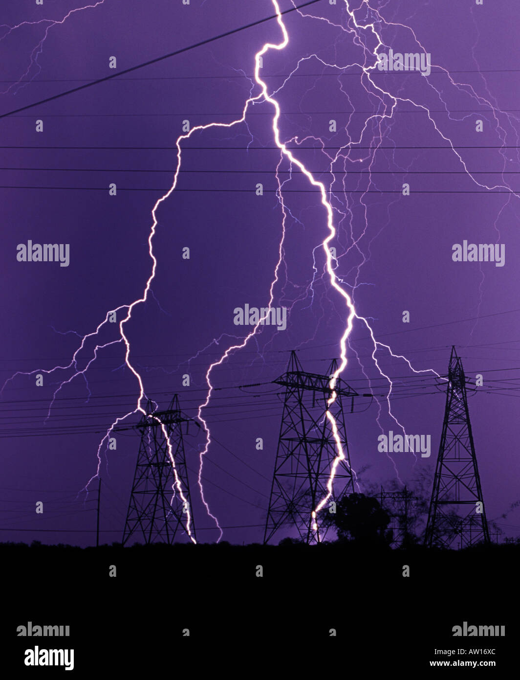 Lightning strikes against a dark purple sky near powerlines and power poles or electrical towers during a monsoon in Tucson Stock Photo