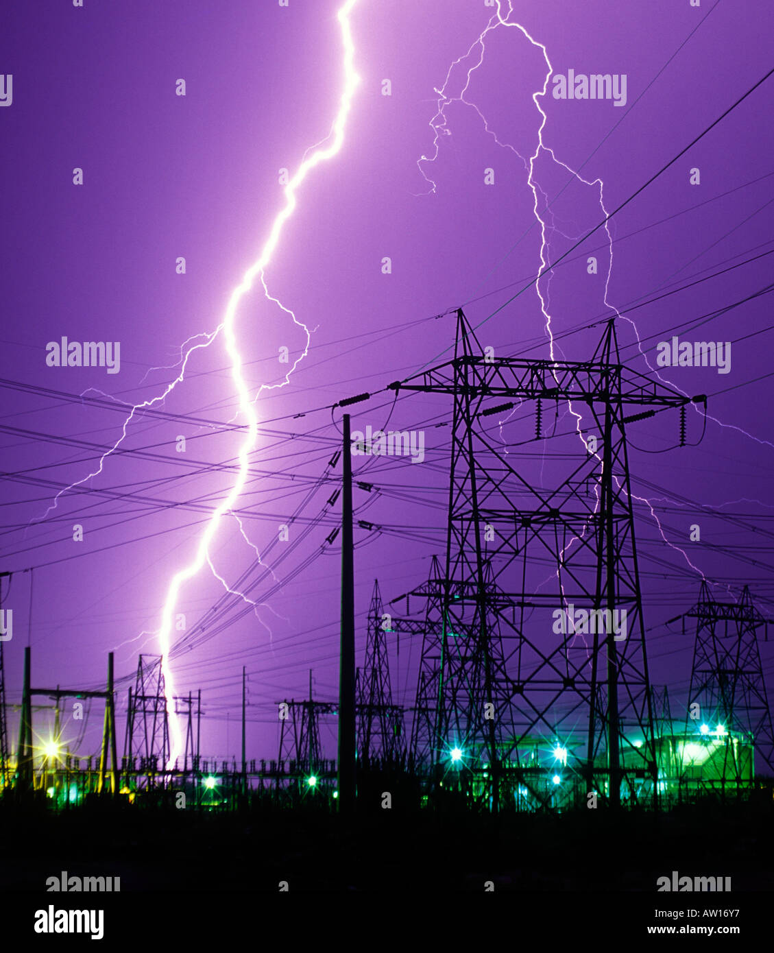 A huge bolt of lightning striking an electrical substation near Red Rock, Arizona, USA Stock Photo