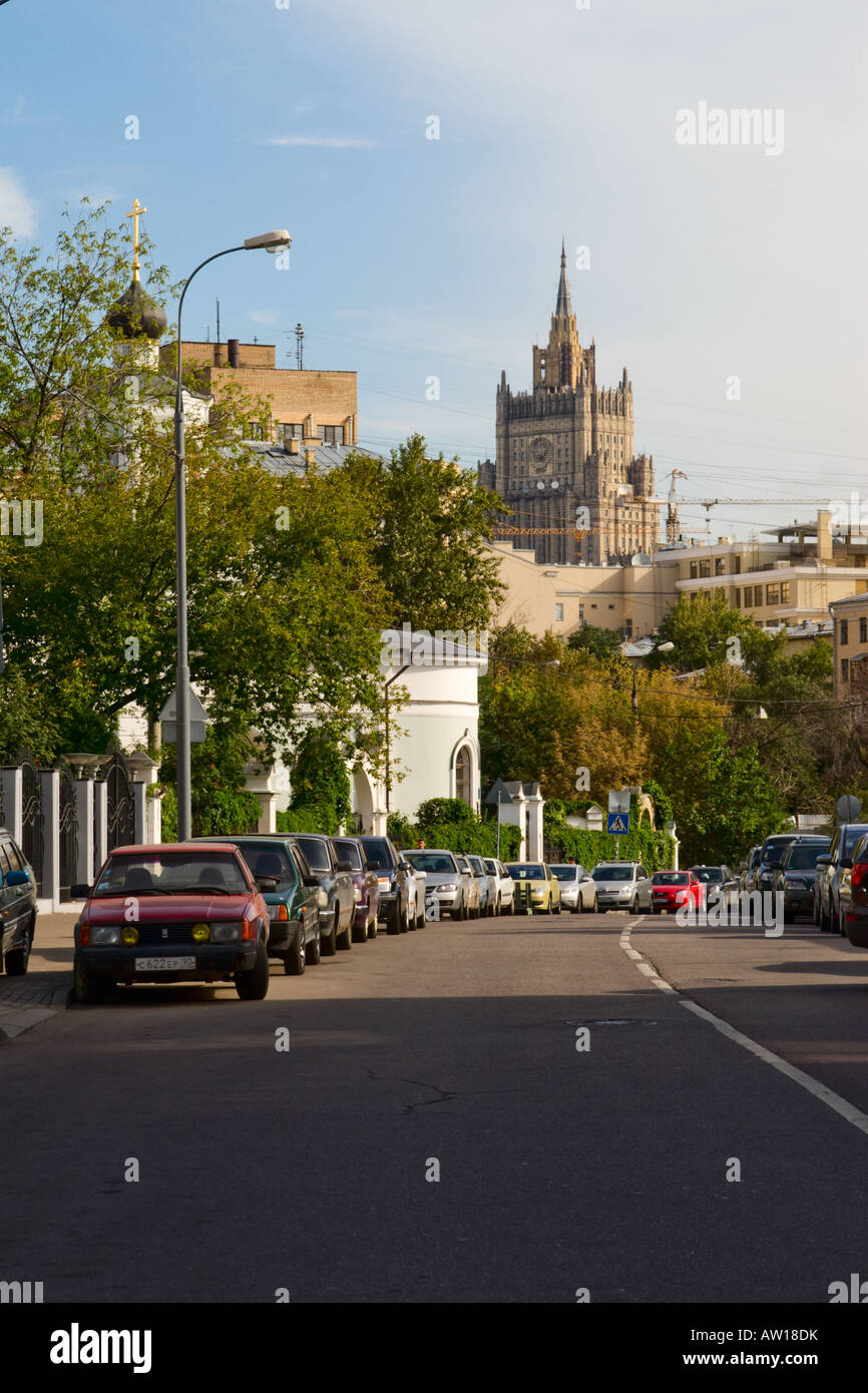 Moscow street with Ministry of Foreign Affairs building in the background Stock Photo