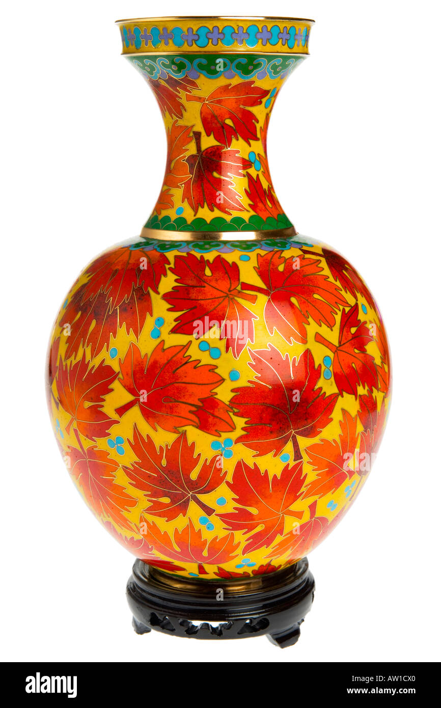 Cloisonne enamel ware vase 25cm high with maple leaf design on wooden