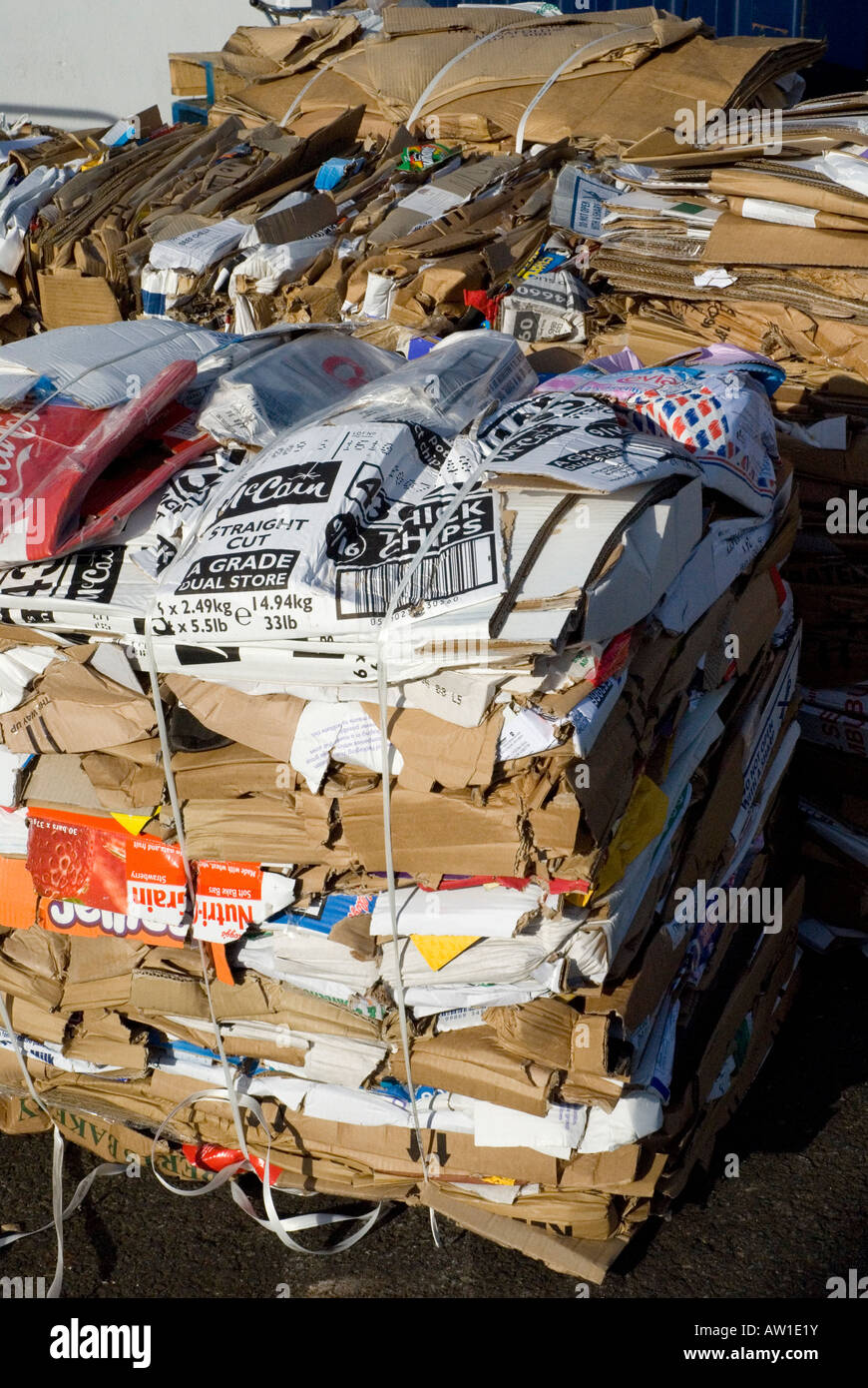 Compressed cardboard waiting for recycle collection, UK Stock Photo Alamy