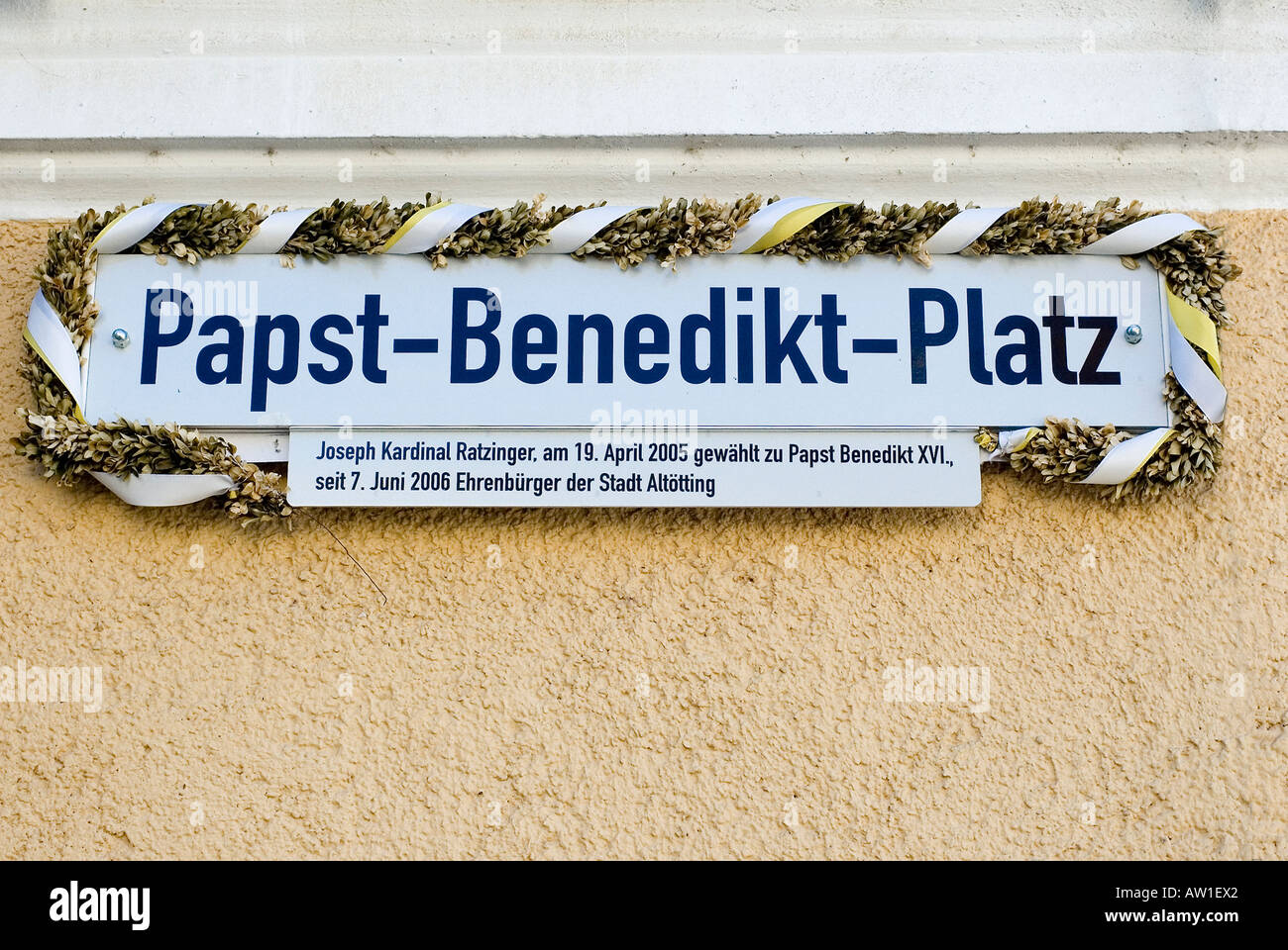 Road sign 'Papst-Benedikt-Platz' Place of pilgrimage, Altoetting, Bavaria, Germany Stock Photo