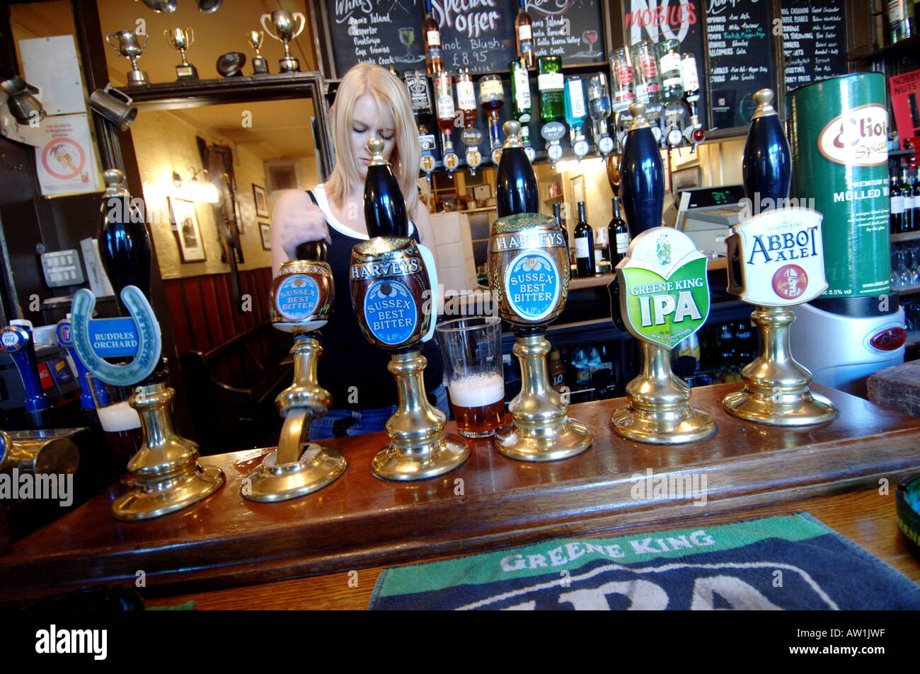 A barmaid pours a pint of the local Harveys of Lewes ale at the Lewes Arms pub in  Lewes Sussex owned by brewers Greene King Stock Photo