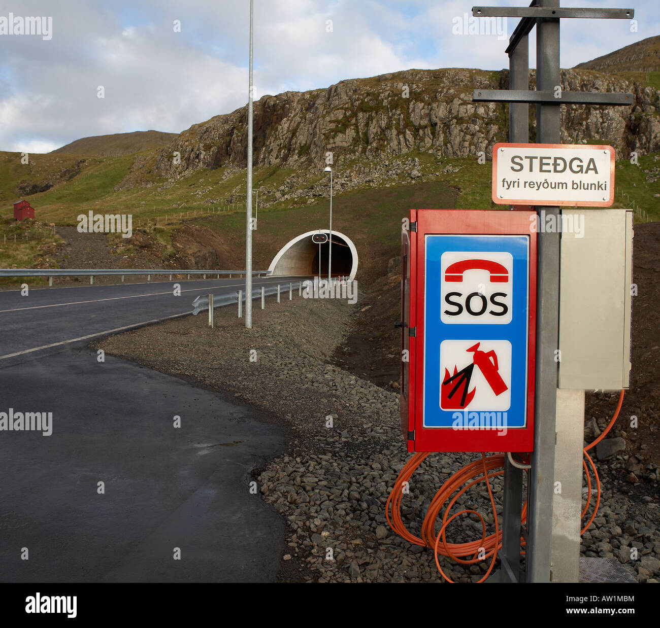 Emergency Box before Tunnel, Suduroy Faroe Islands Stock Photo