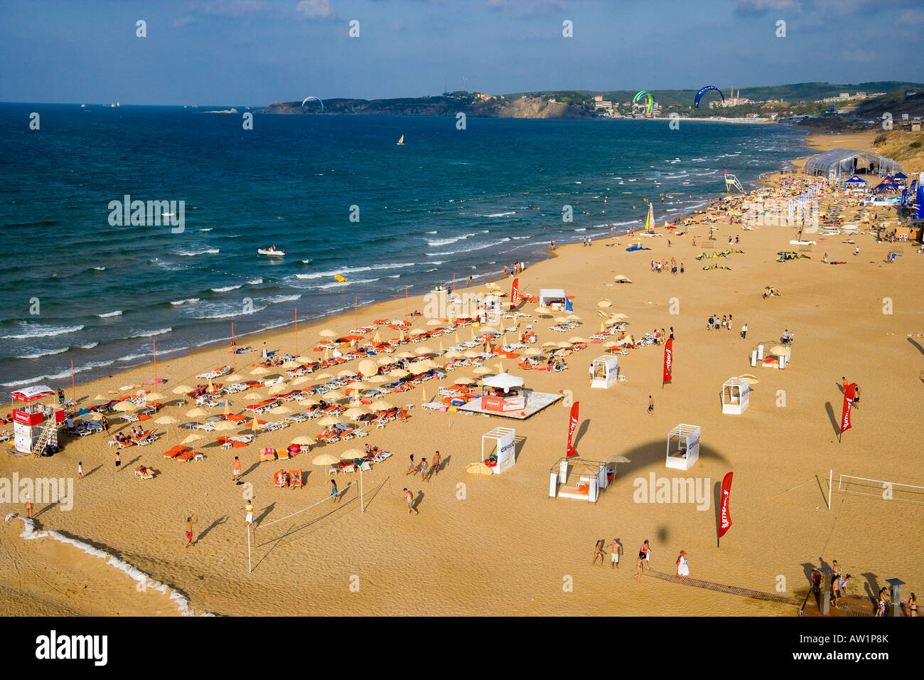 Kite surfers and people enjoying the sun aerial Burc Beach Gumusdere