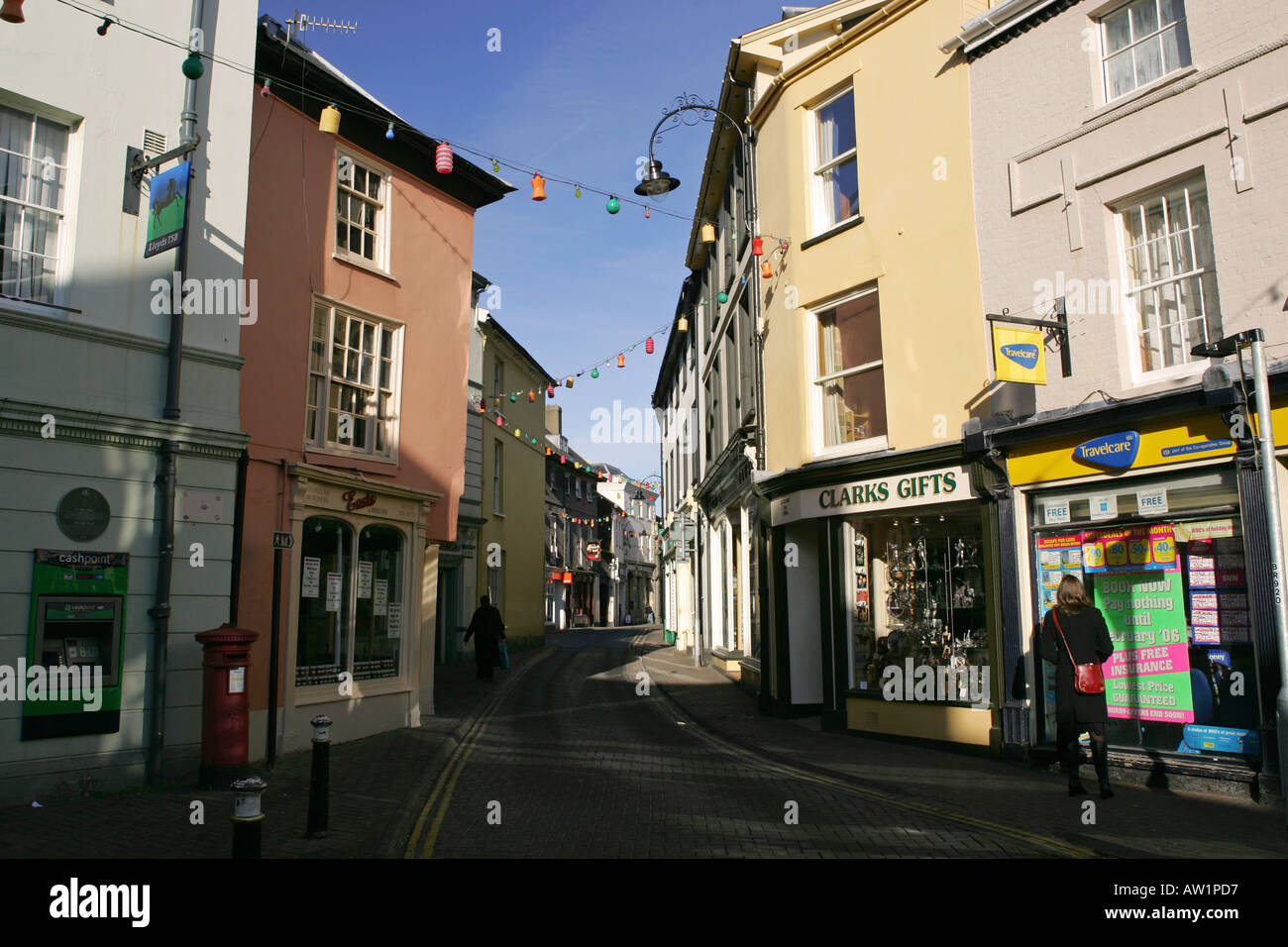 Brecon Town center street and local shops in popular tourist holiday