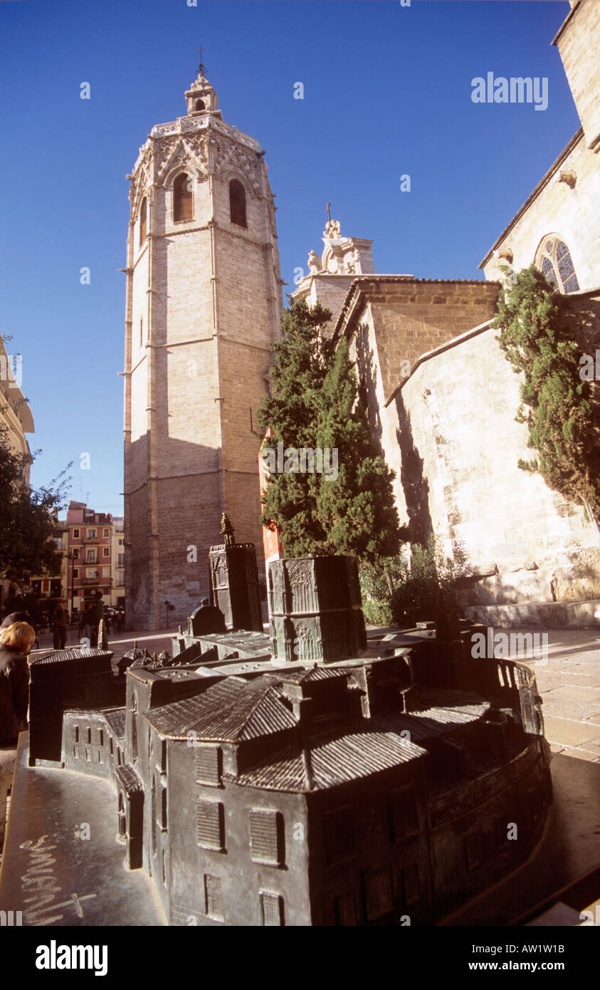 Model of Valencia cathedral with the real Miguelete belltower of Valencia cathedral behind Spain Stock Photo