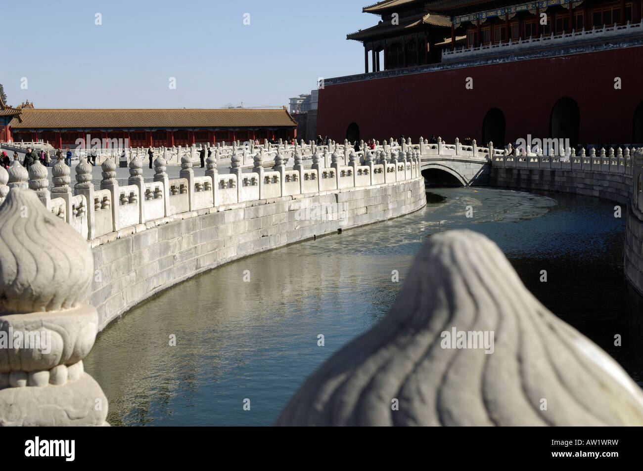 Imperial Palace Museum (Forbidden City) Golden River with marble balustrades and Meridian Gate. 03-Mar-2008 Stock Photo