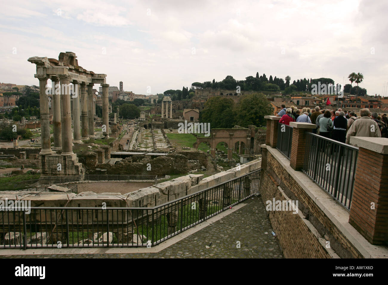 Viewing Platform Rome Tourists gather at a high viewing point to gaze over the Imperial Roman ...