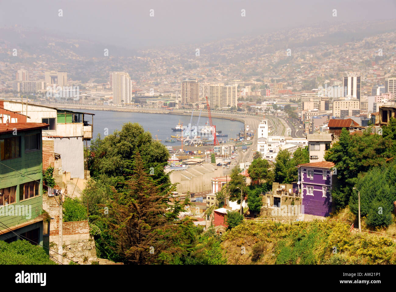 Chile Valparaiso city scenic harbor overview from above mountain hillside Stock Photo