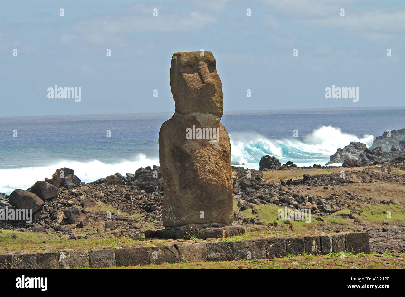 Chile Easter Island Ahu Riata Moai Statue on Platform Stock Photo