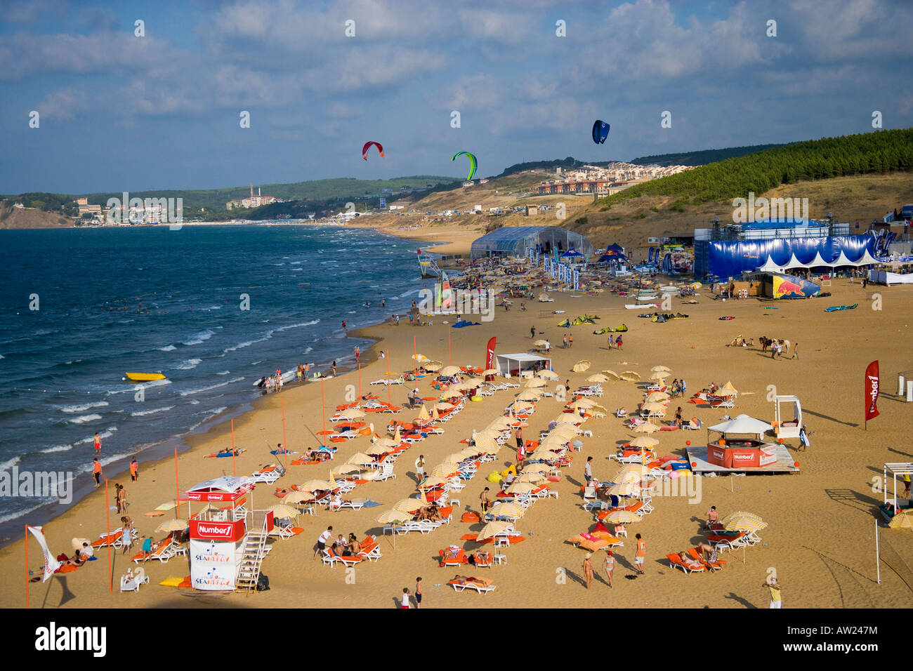 Kite surfers and people enjoying the sun aerial Burc Beach Gumusdere