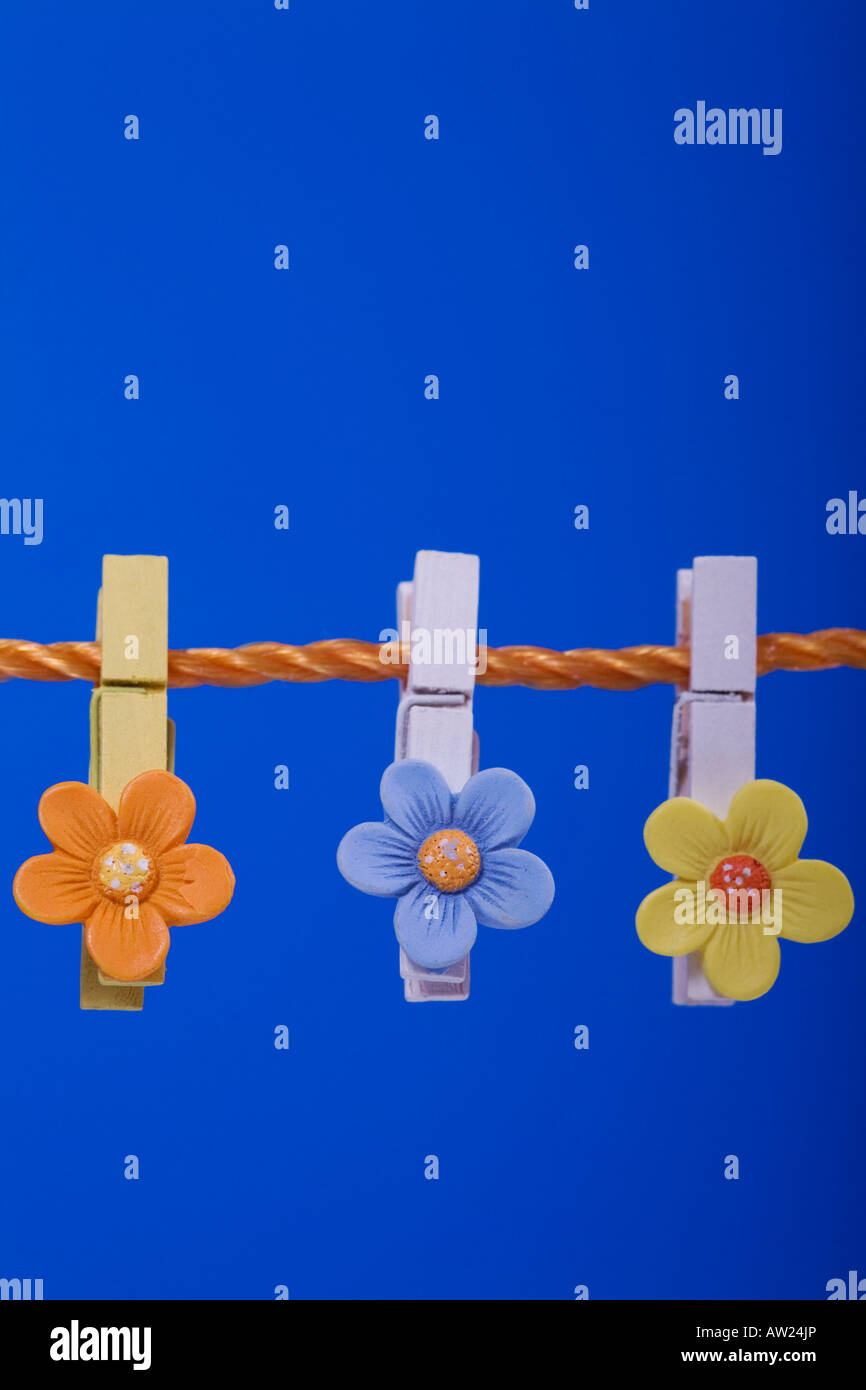 Wooden flower decorated pegs on a clothesline Stock Photo Alamy