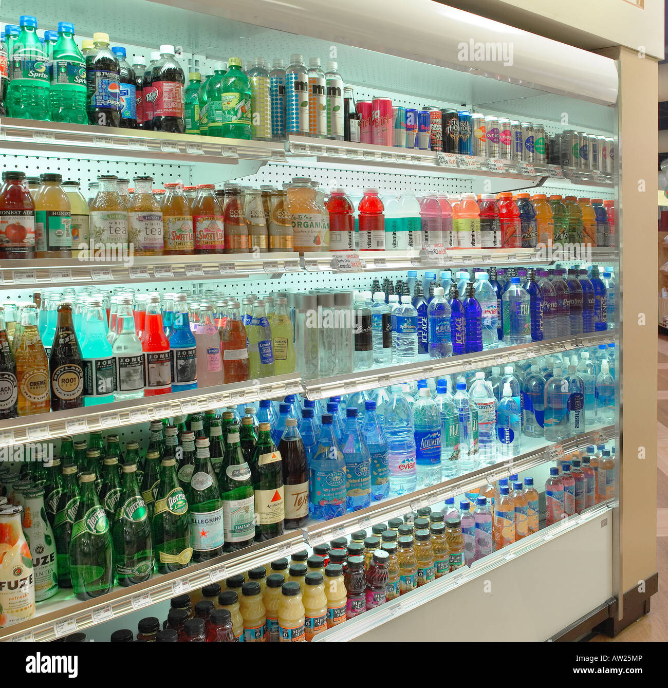 Beverage Drink Case At Food Market Store, San Jose California USA Stock Photo