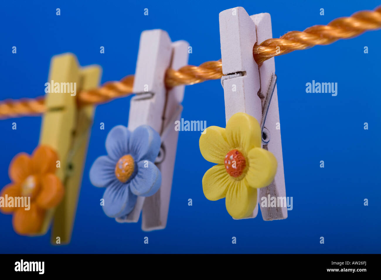 Wooden flower decorated pegs on a clothesline Stock Photo Alamy