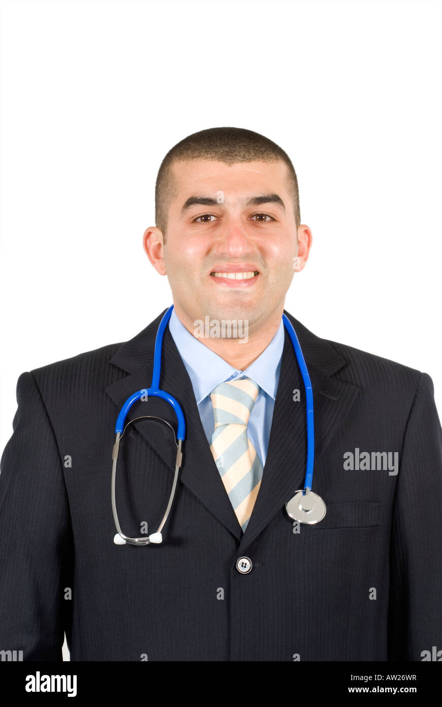 Male doctor in suit with stethoscope around his neck Stock Photo Alamy