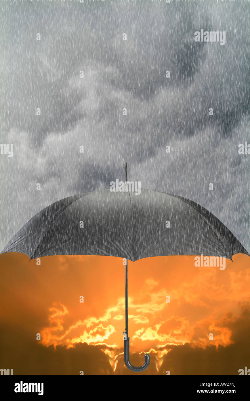 Umbrella With Rain Storm Clouds And Sunburst Stock Photo