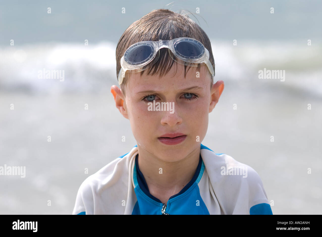 boy wearing swimming goggles Stock Photo Alamy
