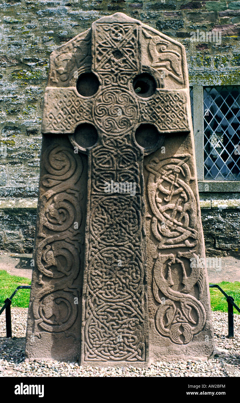 Celtic Pictish Christian cross slab in Aberlemno churchyard, Tayside, Scotland. Intricate knotwork and animal motifs Stock Photo