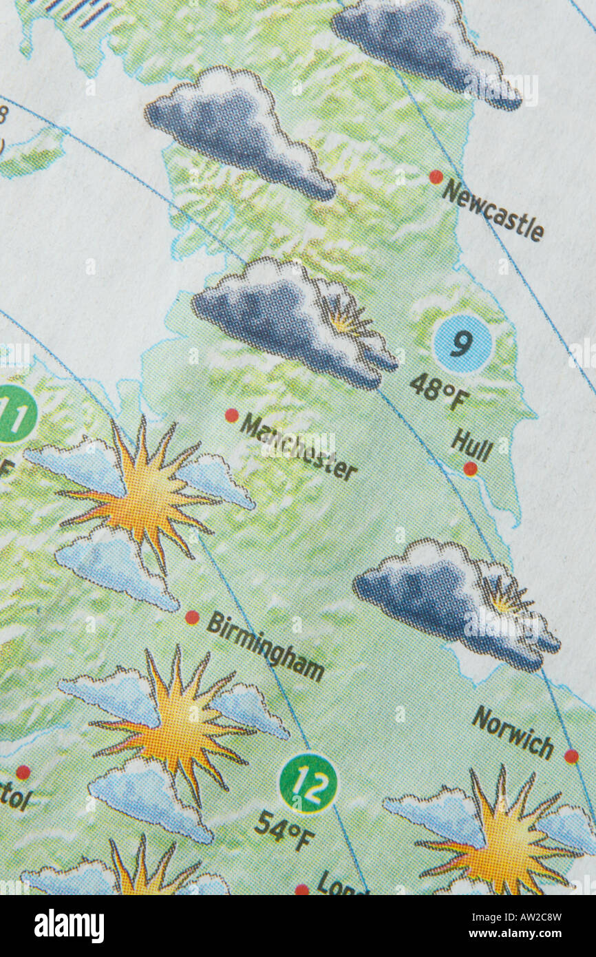Newspaper weather forecast chart map symbol UK Stock Photo