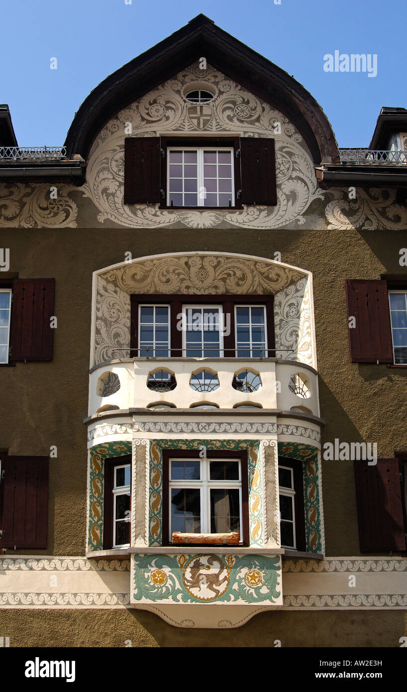 Engadine house with bay and decorated with Sgraffito ornaments Samedan Engadin Grisons Switzerland Stock Photo