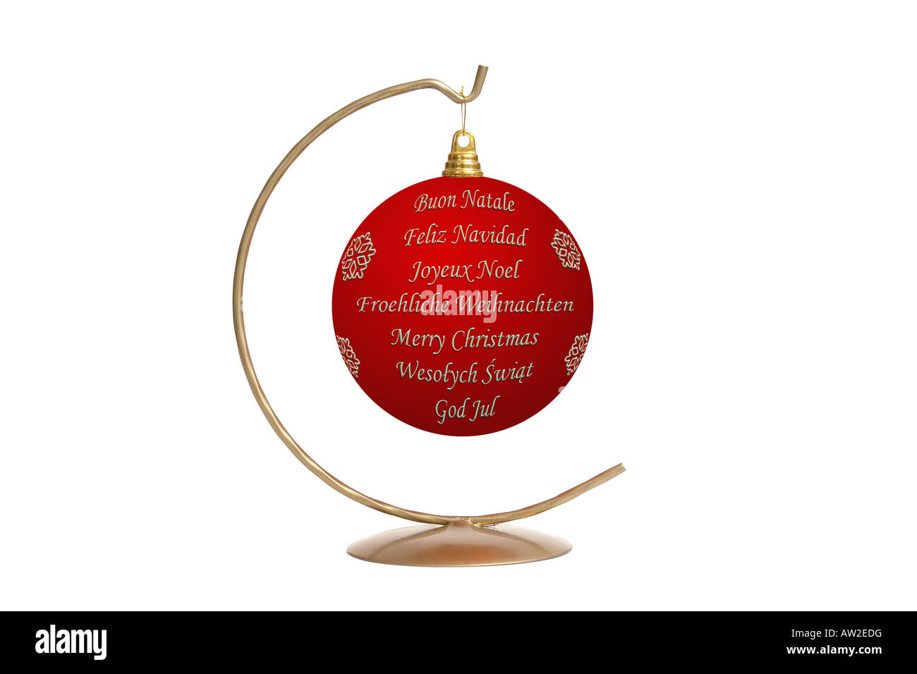 Red christmas ball with international seasonal greetings Stock Photo