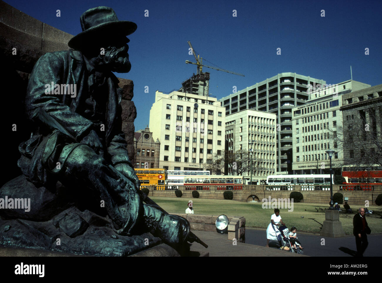 statue of Afrikans voortrekker at base of Paul Kruger statue, Church Square, Pretoria South Africa Stock Photo