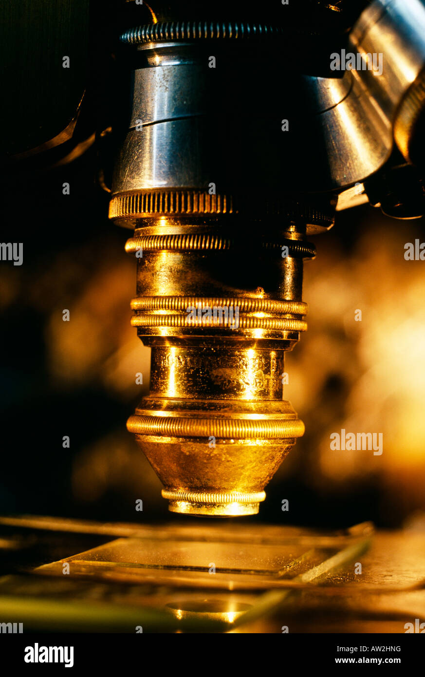 Close-up of vintage microscope objective Stock Photo