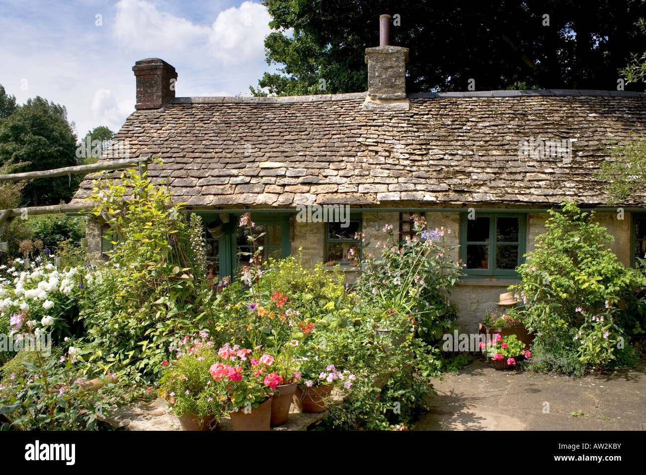 Cottage style garden and outbuilding, Gloucestershire, England, UK Stock Photo