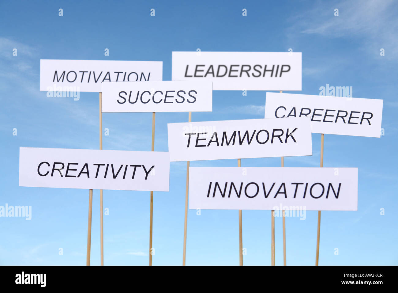 Set of white banners with business slogans - Innovation, Creativity, Teamwork, Careerer, Success, Motivation and Ledership Stock Photo