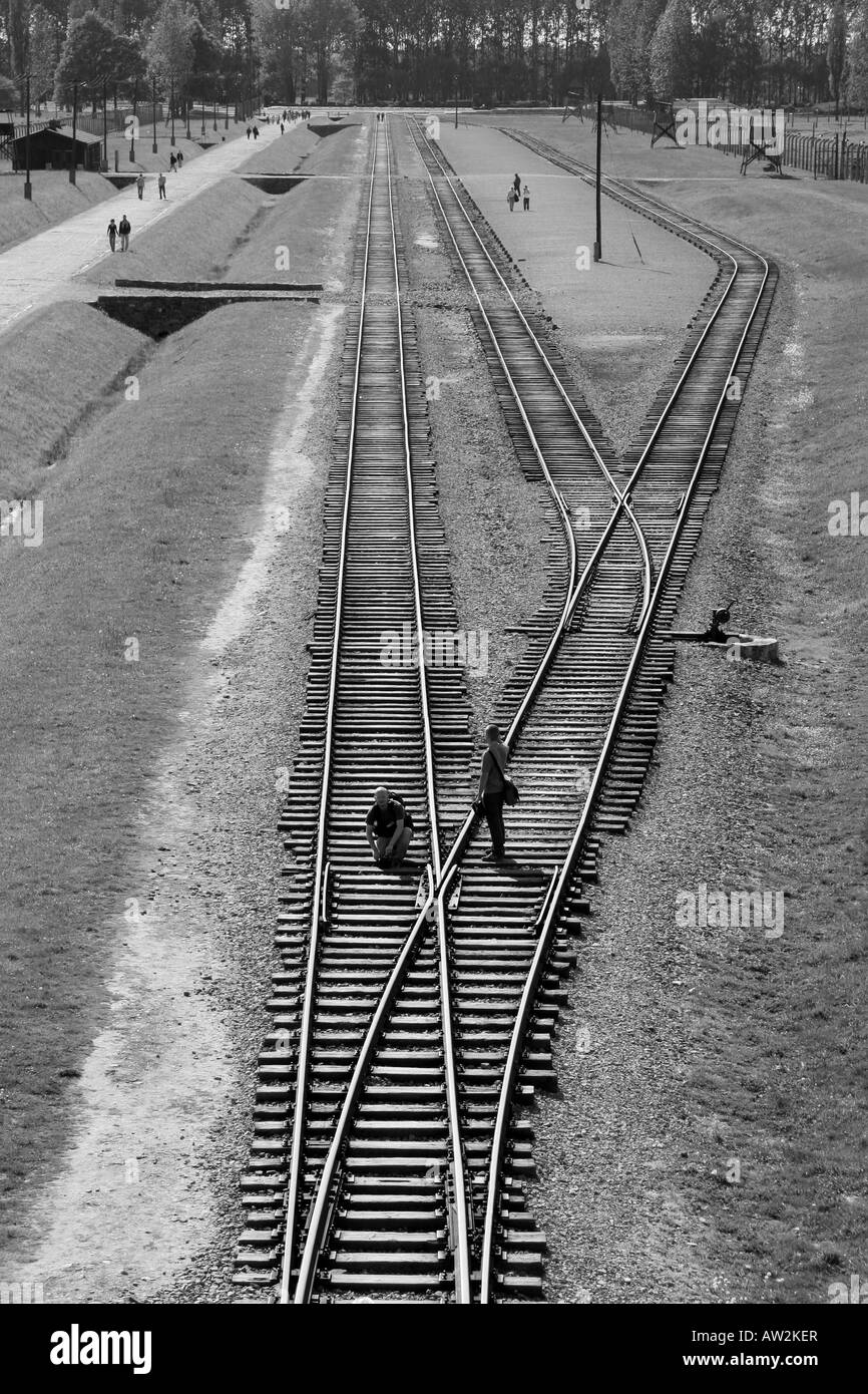 The railway tracks in the former Nazi concentration camp at Auschwitz Birkenau, Oswiecim, Poland. Stock Photo