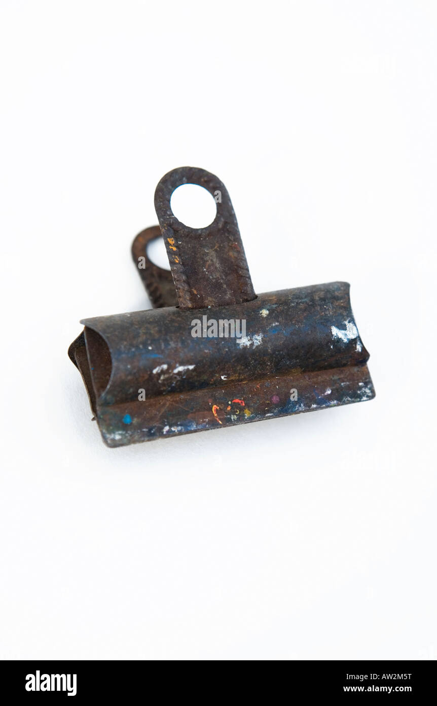Old rusty Bulldog clip shot on a white background Stock Photo