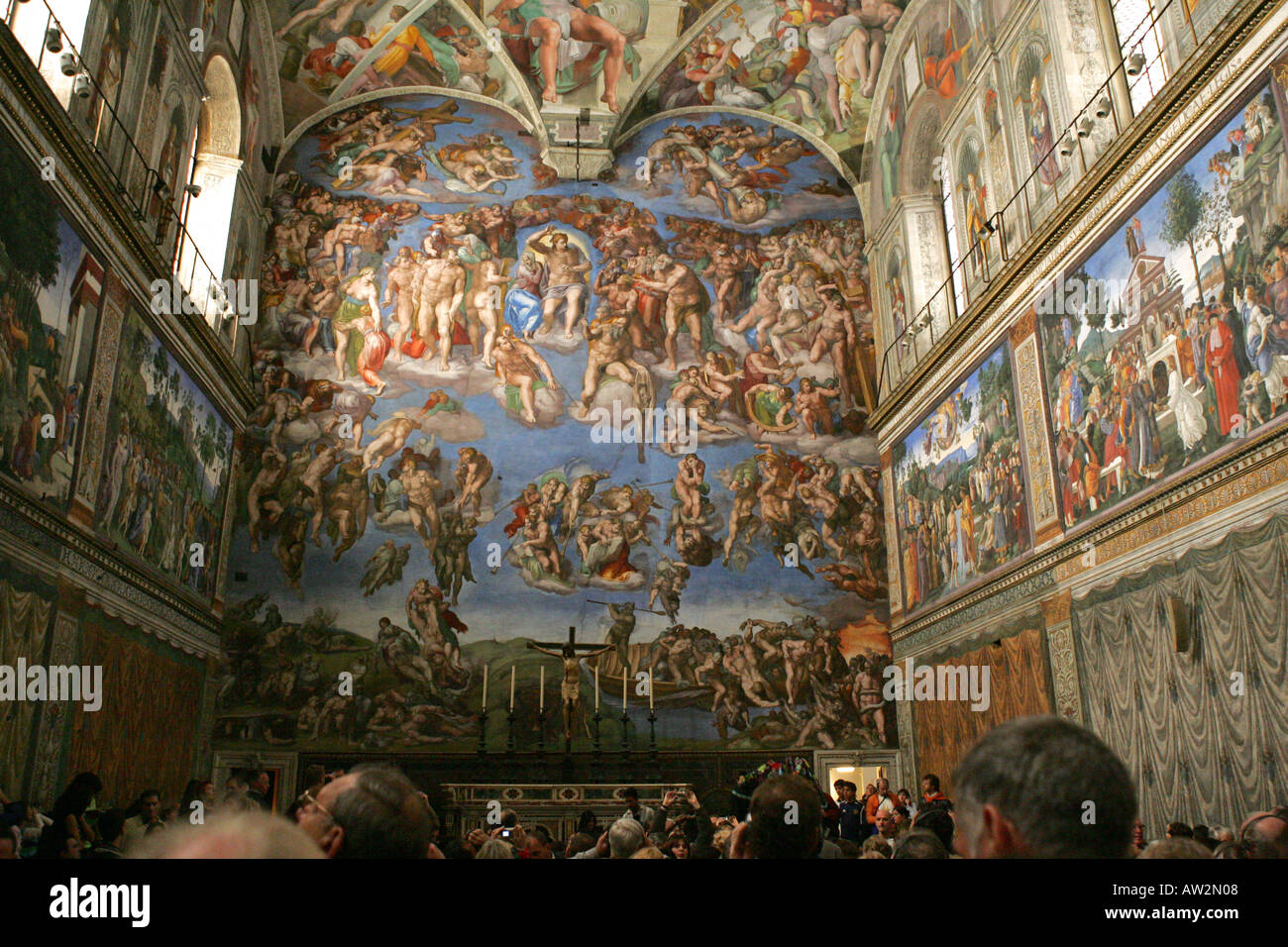 The Last Judgement fresco painting in the famous tourist attraction Sistine Chapel Vatican City Rome Italy Europe Michelangelo Stock Photo
