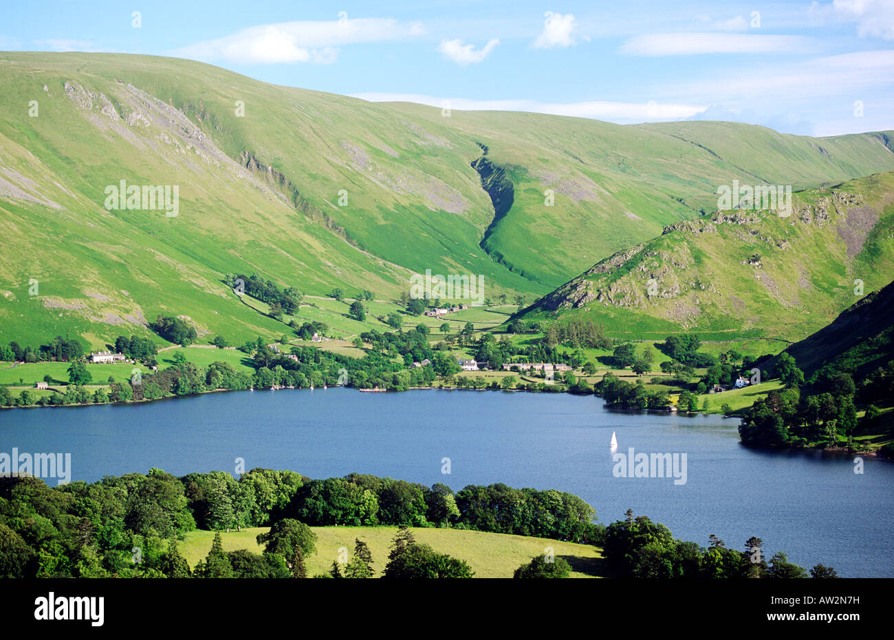 Ullswater in the Lake District National Park, Cumbria, England. Looking SE toward Howtown, Swarth Fell and Martindale. Summer. Stock Photo
