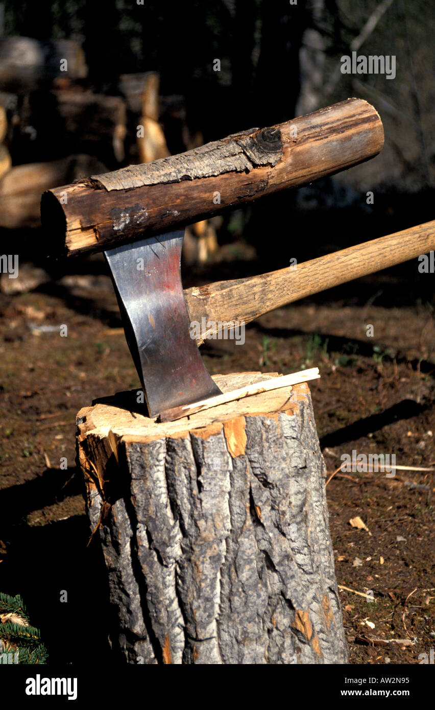 Alaska Two sided axe with wood pile Stock Photo
