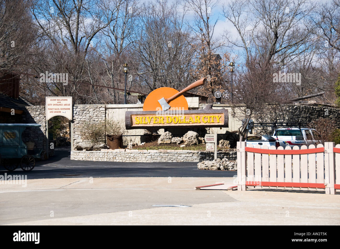 An entrance and sign to Silver Dollar City an entertainment amusement