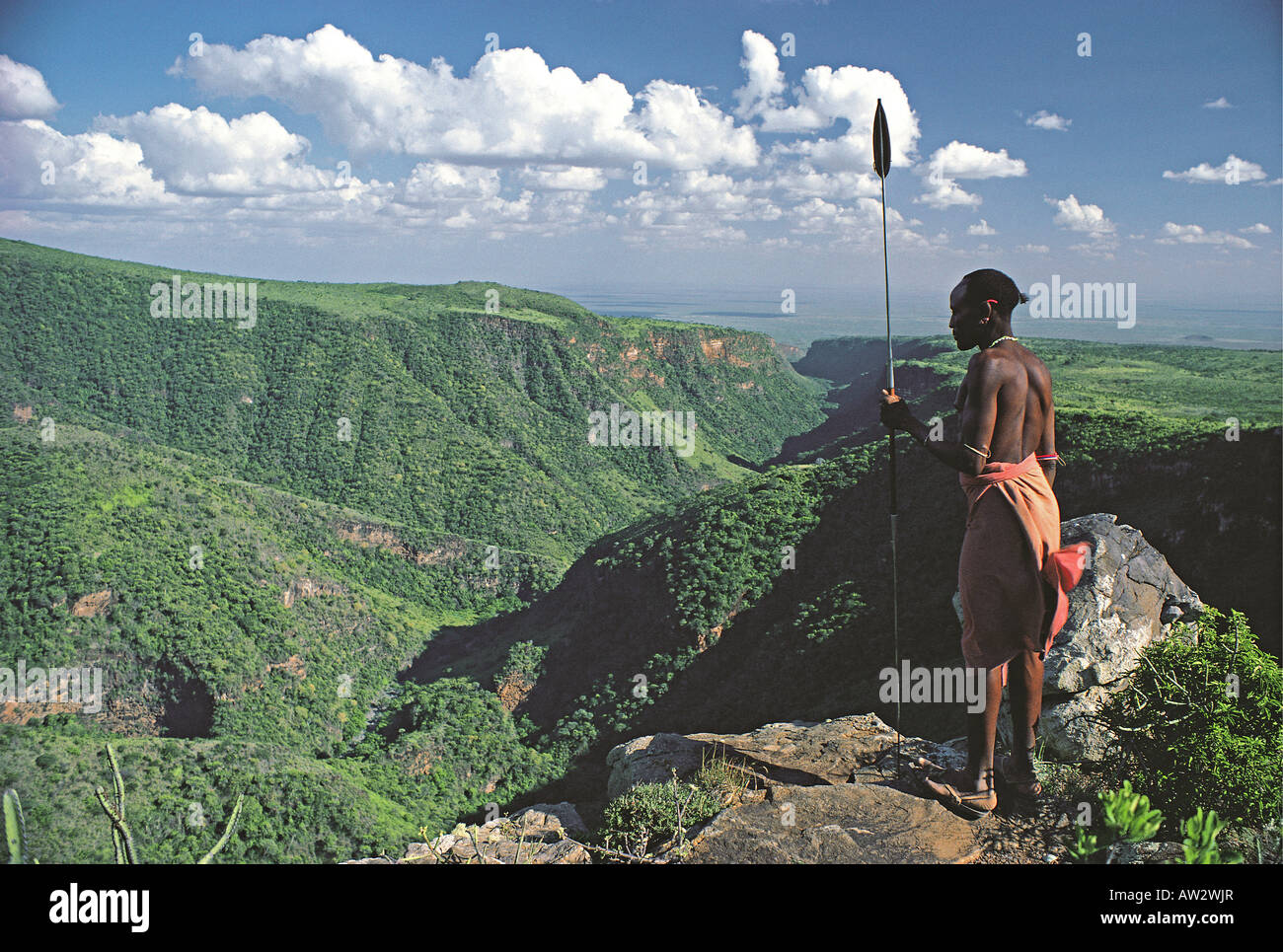 Samburu warrior or Moran with spear looking down the El Kajarta Gorge from the  summit of 6 354 ft Mount Kulal in northern Kenya Stock Photo