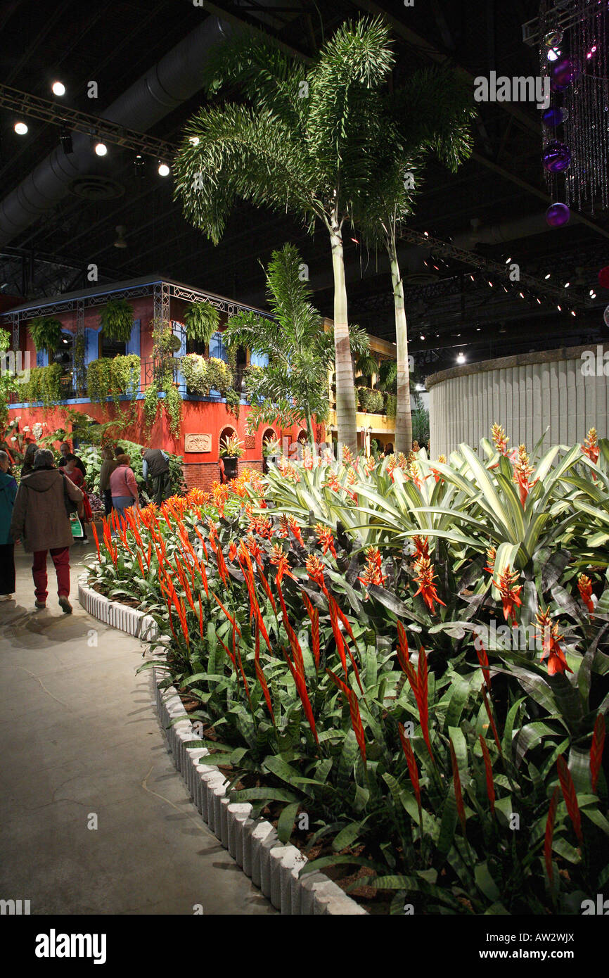Large sweeping bed of bromeliads with pair of giant palm trees soaring to the roofline.  Replica of Bourbon Street behind Stock Photo