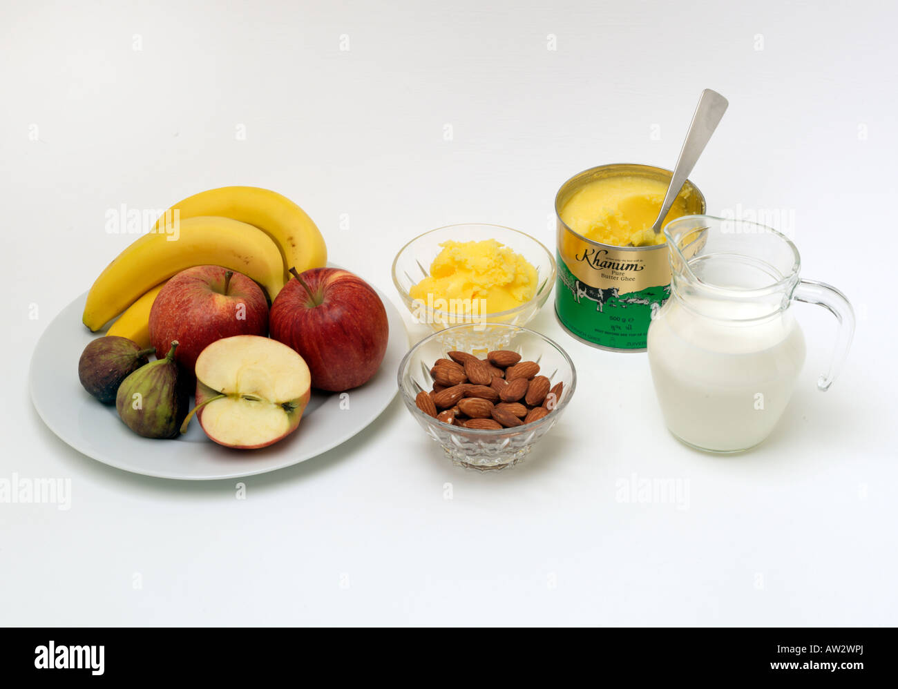 Sattva Foods Almonds Milk Ghee Figs Apples and Bananas Stock Photo