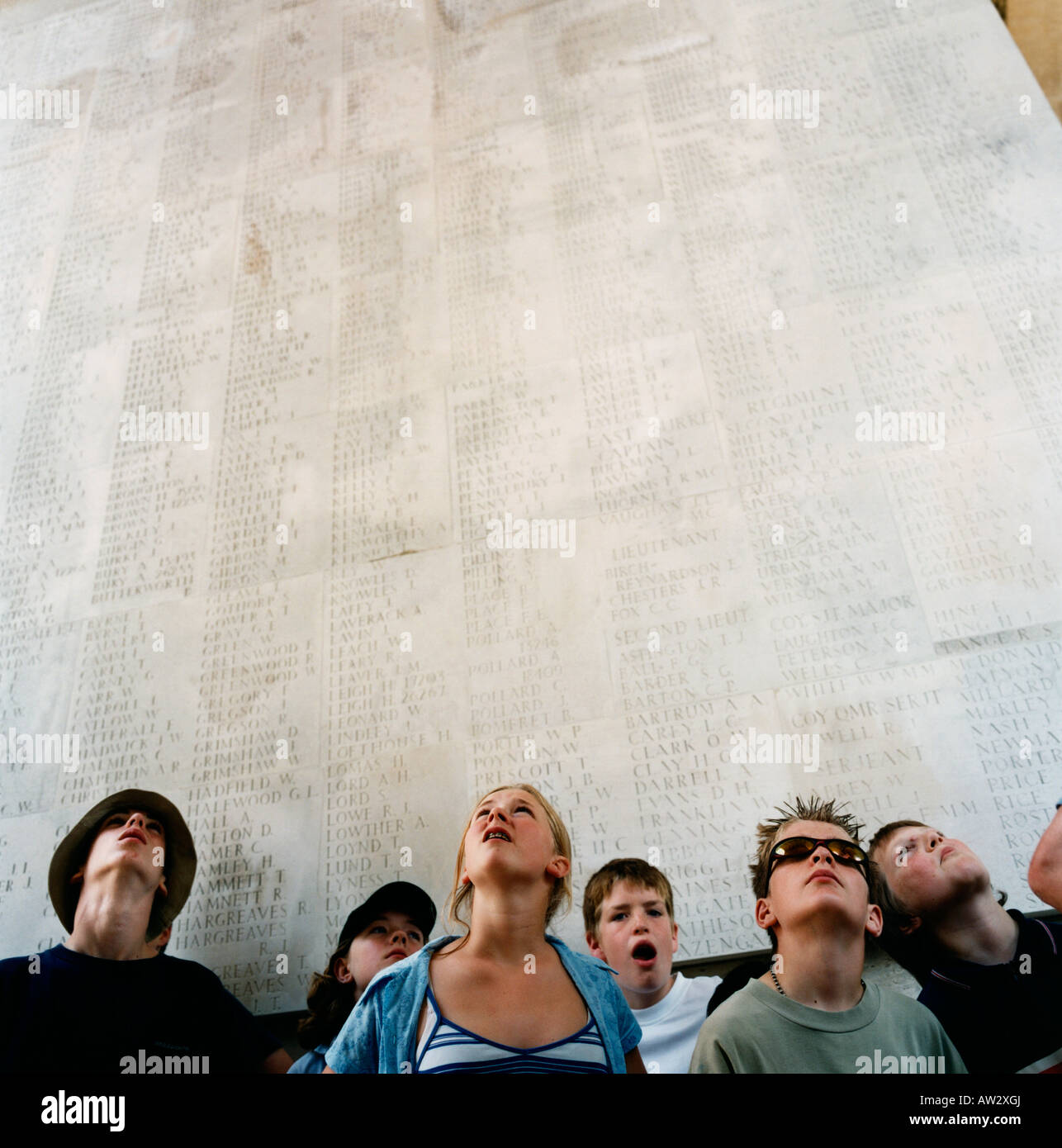 English schoolchildren see thousands of names of visit Commonwealth first world war dead memorial at Thiepval, France. Stock Photo