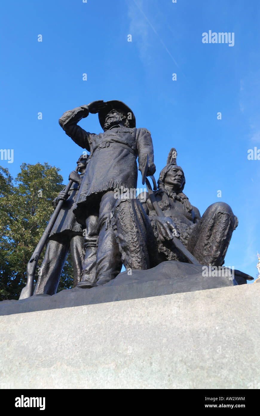 Soldier and Indian Guide statue on the grounds of the Iowa State Capitol Building Des Moines Iowa Stock Photo