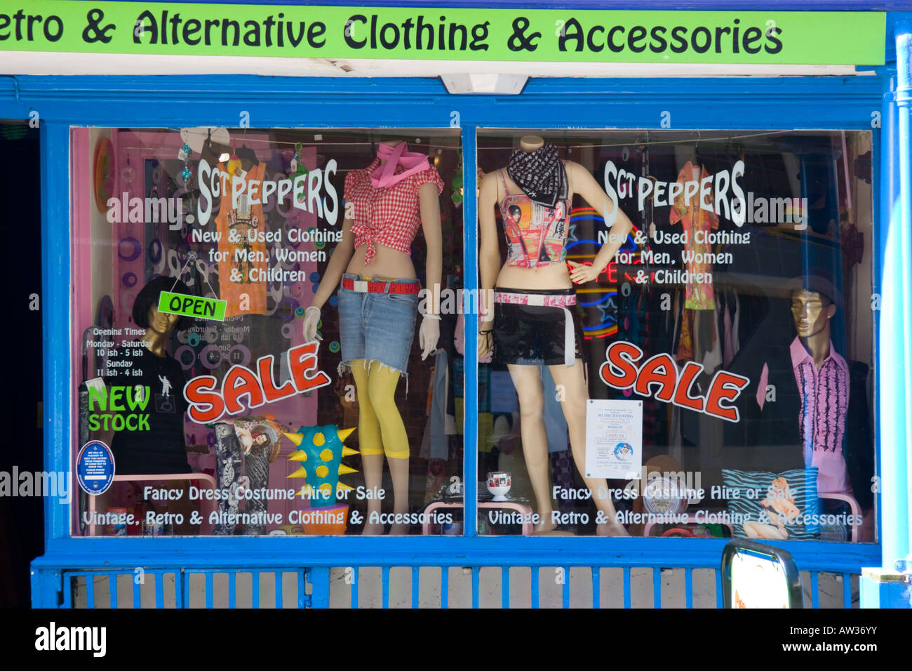 Vintage retro and alternative clothing and accessories shop window Stock Photo