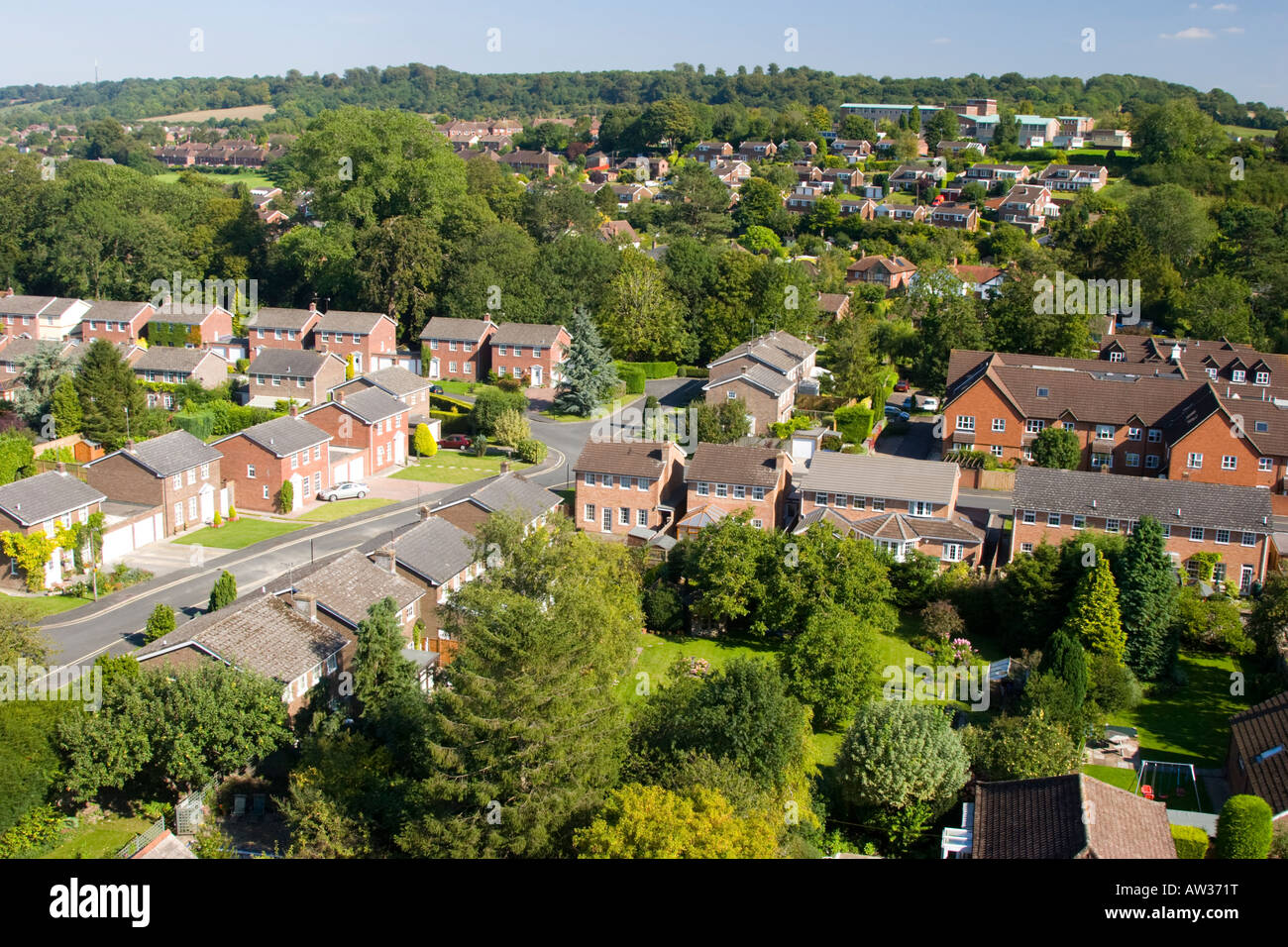 Aerial view across a residential housing estate in Marlborough St John s school in the background Stock Photo