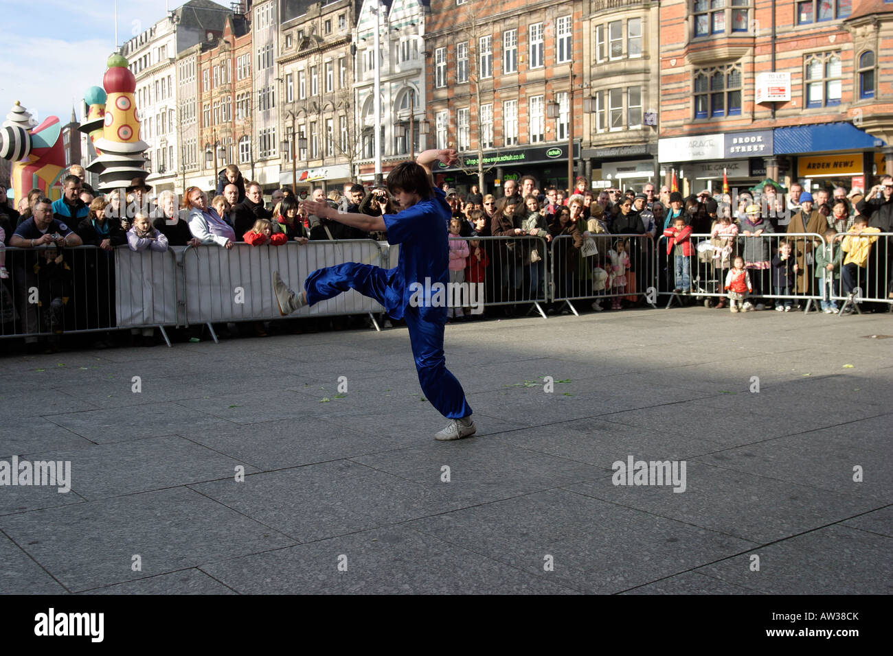 Kung Fu display by London Chinese acrobatics Year of the Rat Chinese New Year also known as the Spring Festival is the first day in Chinese Lunar Calendar It indicates the coming of the spring the beginning of a year s work and harvest With a history spanning thousands of years. Market Square, Nottingham, UK Stock Photo