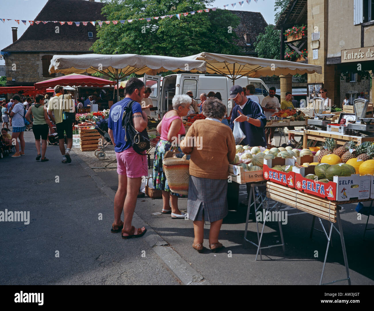 Market at Domme in the Dordogne 24 departement of France One of Les Plus Beaux Villages de France Stock Photo